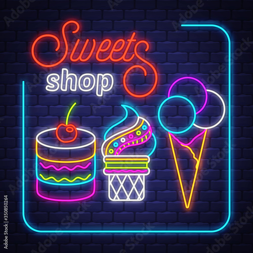 Sweets Shop- Neon Sign Vector. Sweets Shop - neon sign on brick wall background