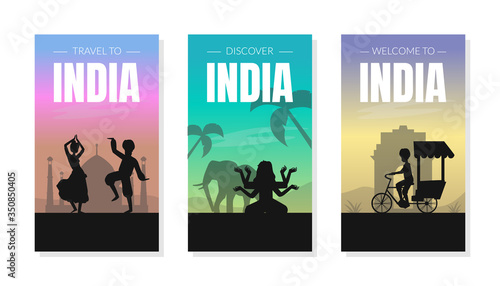 Welcome and Discover India Card Templates Set with Silhouettes of People and Famous Cultural Symbols Vector Illustration