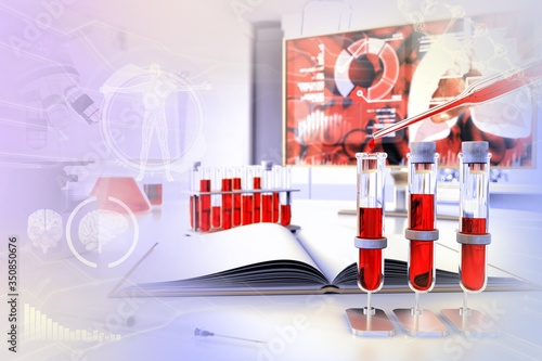 proofs in microbiology facility - blood gene test for white blood cells or triglycerides, medical 3D illustration with creative gradient overlay photo