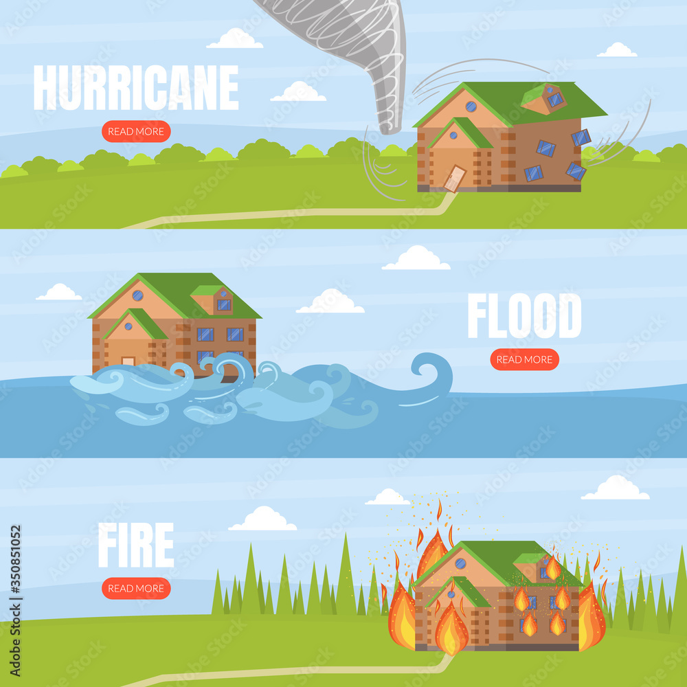 Home Insurance Service Landing Page Template Set, Protection of House from Hurricane, Flood, Fire, Online Web Page, Mobile App Vector Illustration