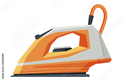 Orange Electric Steam Iron, Household Appliance, Ironing Clothes Device Vector Illustration