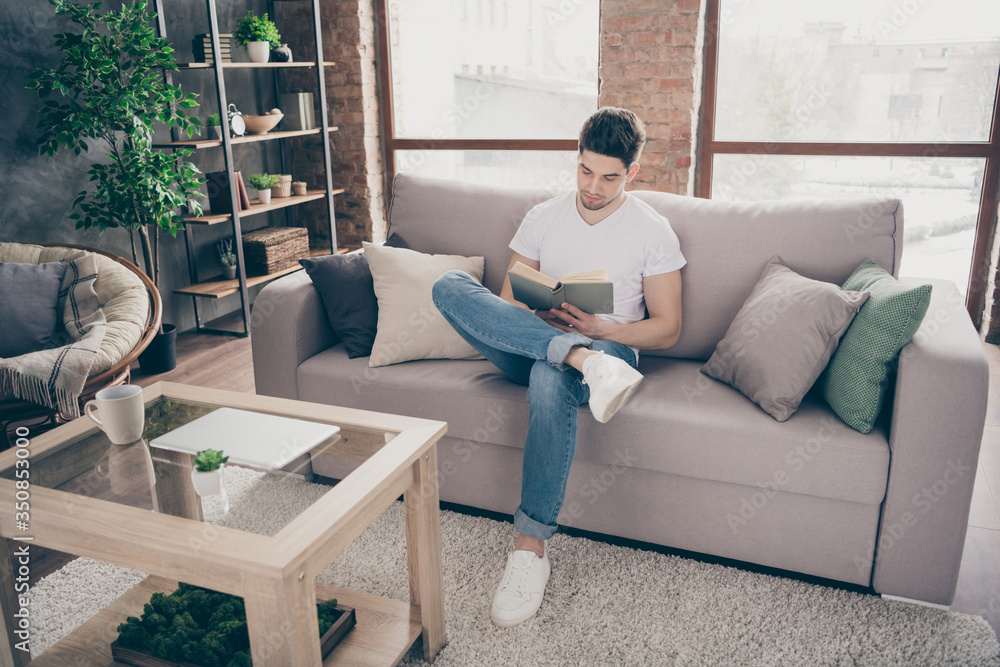 Portrait of his he nice attractive focused calm brunette guy sitting on divan reading new book at modern industrial loft brick interior style living-room studio Portrait of his he nice attractive focused calm brunette guy sitting on divan reading new book at modern industrial loft brick interior style living-room studio