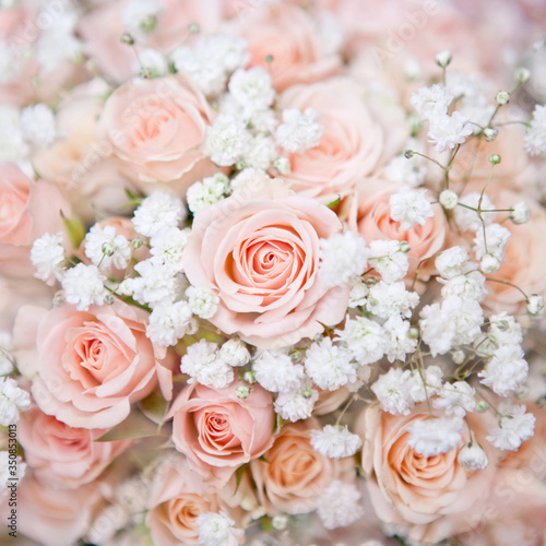 soft pink wedding bouquet with rose bush and little white flowers