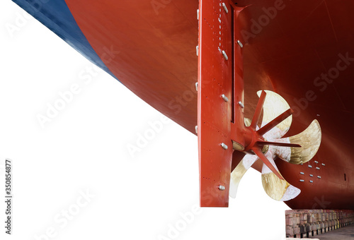 At Stern ship Propeller with rudder of Big ship isolated on white background.