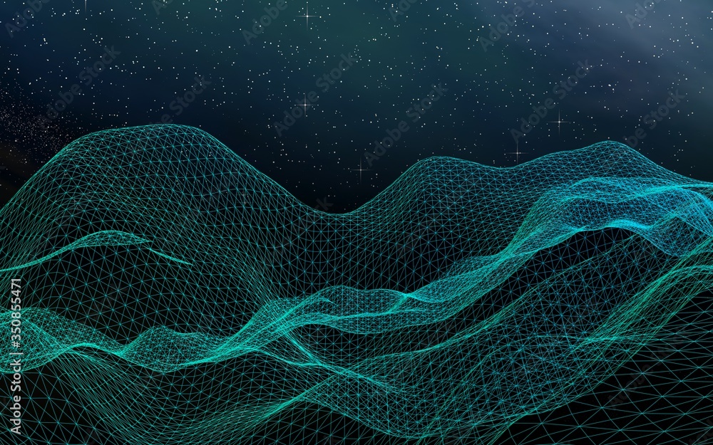 Fototapeta premium Abstract landscape on a dark background. Cyberspace grid. hi tech network. Outer space. Starry outer space texture. 3D illustration