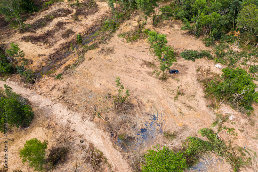 Aerial drone view of logging operatons and active deforestation of a tropical rainforest contributing to habitat destruction and man-made climate change