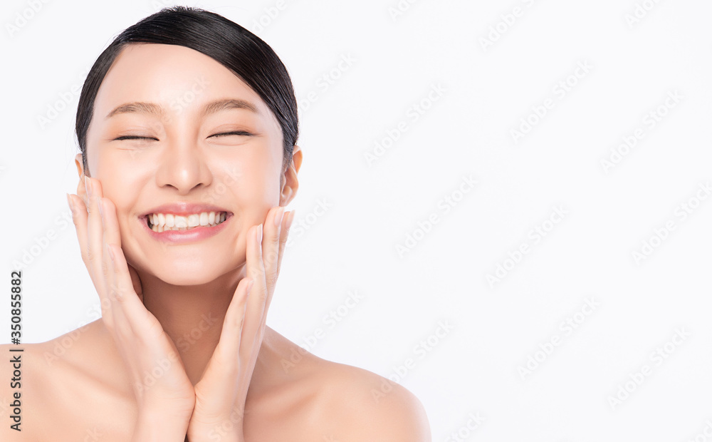 Beautiful Young Asian Woman touching her clean face with fresh Healthy Skin, isolated on white background, Beauty Cosmetics and Facial treatment Concept Beautiful Young Asian Woman touching her clean face with fresh Healthy Skin, isolated on white background, Beauty Cosmetics and Facial treatment Concept