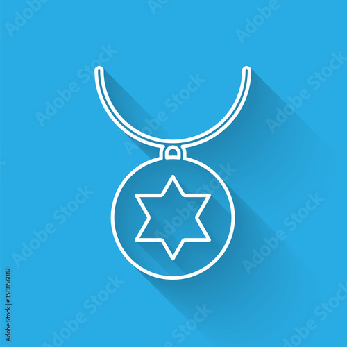 White line Star of David necklace on chain icon isolated with long shadow. Jewish religion. Symbol of Israel. Jewellery and accessory. Vector