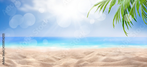 Fototapeta Naklejka Na Ścianę i Meble -  A summer vacation, holiday background of a tropical beach, blue sea, white clouds, sun flare and green palm tree leaves.