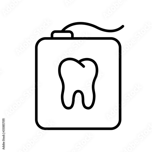 Teeth floss in rectangular case with tooth shape. Linear icon of dental floss in container. Black simple illustration of daily oral care. Contour isolated vector image on white background