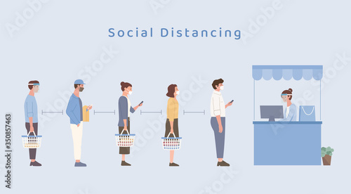 People wearing a mask doing social distancing while standing in queue in the Shopping center. Waiting for payment to buy clothing. The new normal about prevent Covid-19 spread.