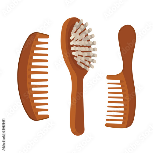 Hair comb. Wooden hair combs vector illustrations set. Hair comb icon. 