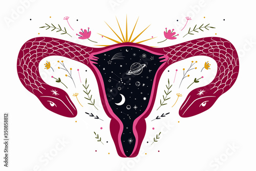 abstract image of a vagina. outer space, planets, moon and stars. snake tempter and plant herbs. printing on fabric and paper. radical femenism. vector