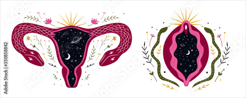 abstract image of a vagina. outer space, planets, moon and stars. snake tempter and plant herbs. printing on fabric and paper. radical femenism. vector