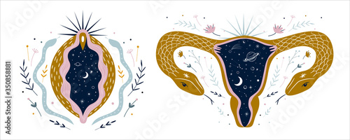 abstract image of a vagina. outer space, planets, moon and stars. snake tempter and plant herbs. printing on fabric and paper. radical femenism. vector