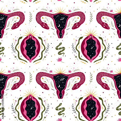 abstract image of a vagina. outer space, planets, moon and stars. snake tempter and plant herbs. printing on fabric and paper. radical femenism. vector
