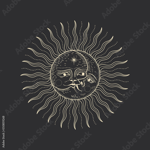 Vintage retro vintage engraving style. image of the sun and moon phases. culture of accultism. Vector graphics
