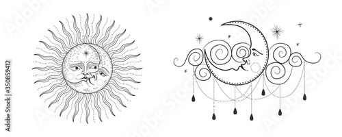 Vintage retro vintage engraving style. image of the sun and moon phases. culture of accultism. Vector graphics
