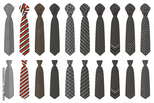 Illustration on theme big set ties different types, neckties various size