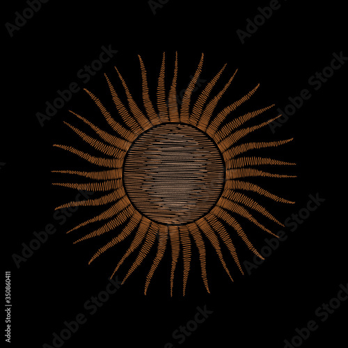 image of cosmic bodies, sun and moon. Traditional folk stylish stylish embroidery on the black background. Sketch for printing on clothing, fabric, bag, accessories and design. Vector, trend