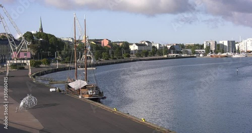 4K Baltic Sea Finnish Bay lagoon summer morning harbour video, Kotka port and town over calm water channel in Finland, northern Europe photo