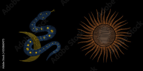 image of cosmic bodies, sun and moon. Traditional folk stylish stylish embroidery on the black background. Sketch for printing on clothing, fabric, bag, accessories and design. Vector, trend