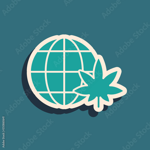 Green Legalize marijuana or cannabis globe symbol icon isolated on green background. Hemp symbol. Long shadow style. Vector