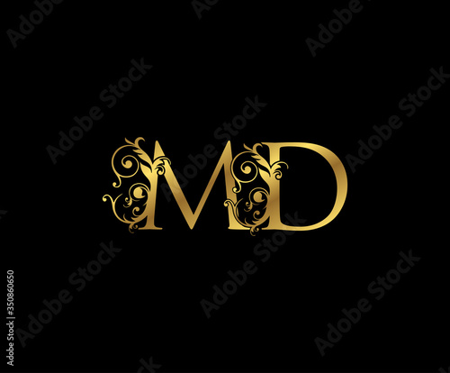 Luxury Gold M,D and MD Letter Floral logo. Vintage Swirl drawn emblem for weeding card, brand name, letter stamp, Restaurant, Boutique, Hotel.