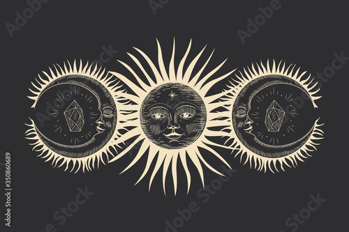 Vintage retro vintage engraving style. image of the sun and moon phases. culture of accultism. Vector graphics