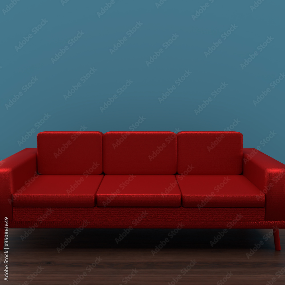 Obraz premium Interior Design Red Sofa Dark Oak Floor Blue Wall