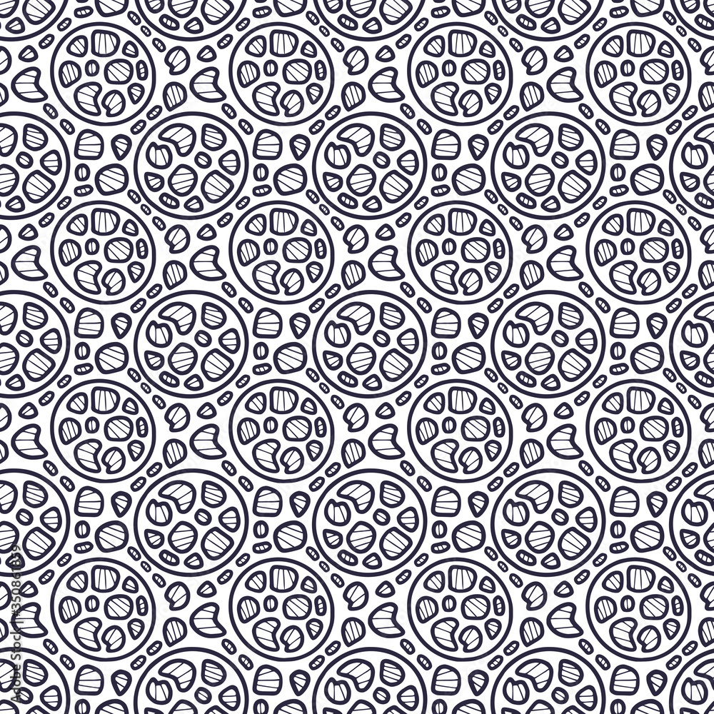 Seamless pattern. Linear geometric ornament. Background for fabric or web wallpaper. Repeating pattern in decorative style with circles and pebbles ornaments. Textile design for clothes