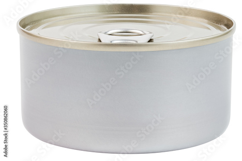 closed tin can with pull tab ring lid opener isolated on white background slanted frontal view photo