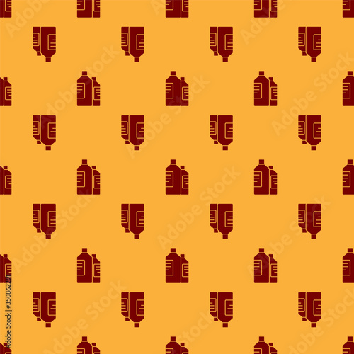 Red Plastic bottles for laundry detergent, bleach, dishwashing liquid or another cleaning agent icon isolated seamless pattern on brown background. Vector