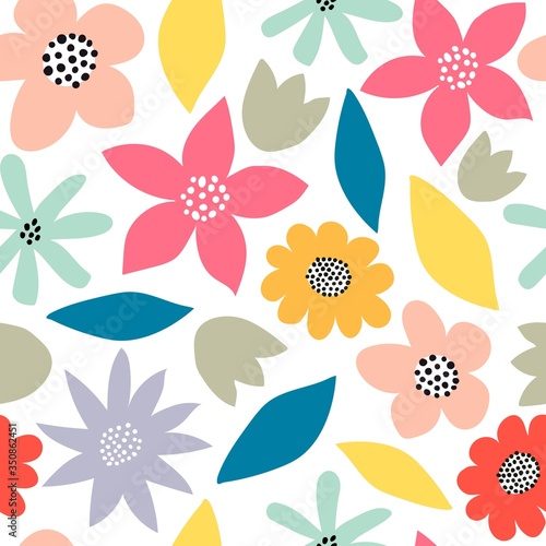 Seamless pattern with cartoon flowers. colorful vector, hand drawing. ornament, flat style. design for fabric, print, textile, wrapper