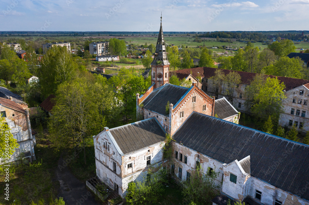 Abandoned old prussian Allenberg hospital in Znamensk, Russia, view from drone