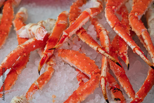 Crab red legs on ice, fresh sea food background