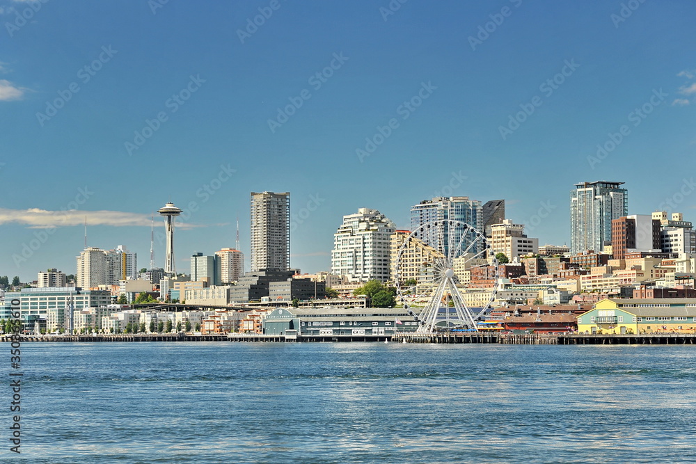 Seattle panorama on a summer sunny day. Down town of Washington state capital.