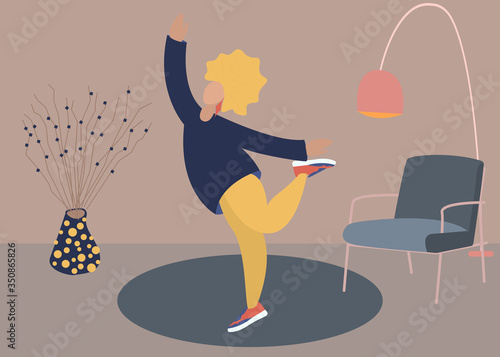 Vector illustration of Woman character dancing at home. Simple flat style girl in a room. Home interior, chair, lamp, plant, flowers. Cozy modern trendy interior. Self-isolation, positive attitude.