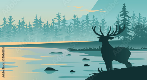 Flat vector mountain landscape, sunset, river, deer silhouette.