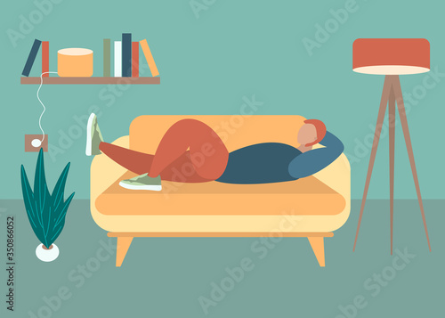 Man lying on Sofa at Living Room. Relax chilling or Working on Comfortable Couch on Evening or Weekend at Home. Flat Vector Cartoon Illustration. Trendy simple interior. Social distancing, quarantine