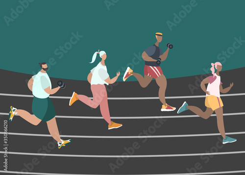 Group of male and female characters running marathon distance in raw. Sport jogging competition on a stadium. Athlete sprinter sportsmen and sportswomen, sprint Race. Cartoon flat vector illustration