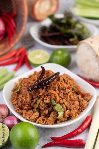 Spicy minced pork in a white plate.