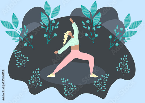 Vector cartoon illustration in modern concept of yoga exercises. Girl practices meditation on nature. Young and happy character meditating in a park. Active and healthy lifestyle concept