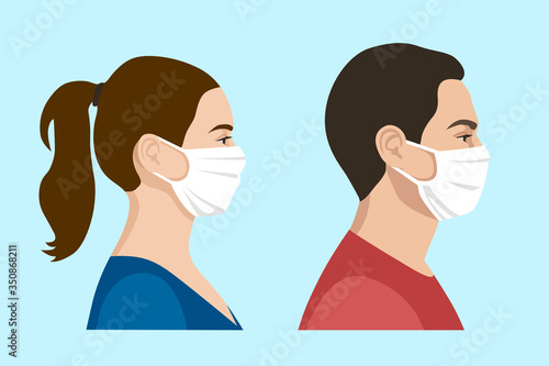 Set of realistic vector of a man and a woman wearing protective face mask - covid-19 safety measures, restriction, covering face to prevent spread of the virus