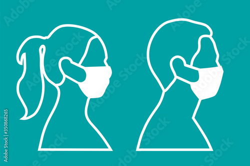 Set of line art vector icons of a man and a woman wearing protective face mask on green background - covid-19 safety measures, restriction, covering face to prevent spread of the virus