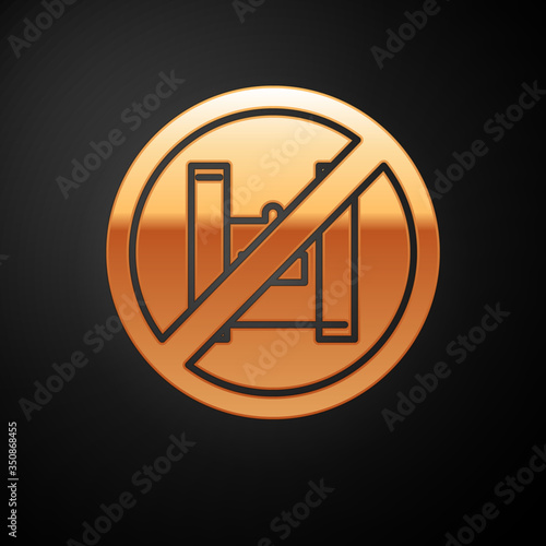 Gold Say no to plastic bags poster icon isolated on black background. Disposable cellophane and polythene package prohibition sign. Vector