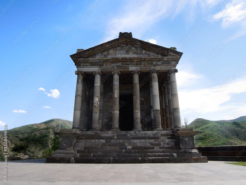 Front view on the Temple of Garni, the only standing pagan Greco-Roman colonnaded building in Armenia, village Garni, Armenia