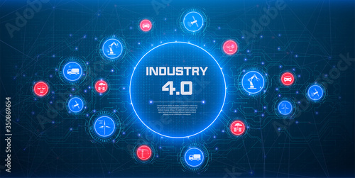 Concept of Industry 4.0. Automation, the flow of the icons, data exchange technology in production. Internet of things (IoT) networking concept for connected devices. Spider web of network connections