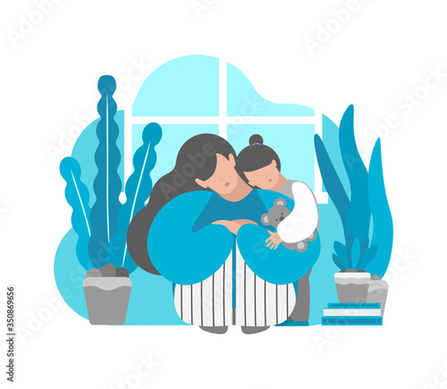 Vector illustration with tired sad lonely mother. Daughter hugs her. Postpartum depression, emotional stress and anxiety in isolation at home.  Difficulties of motherhood to keep mental health