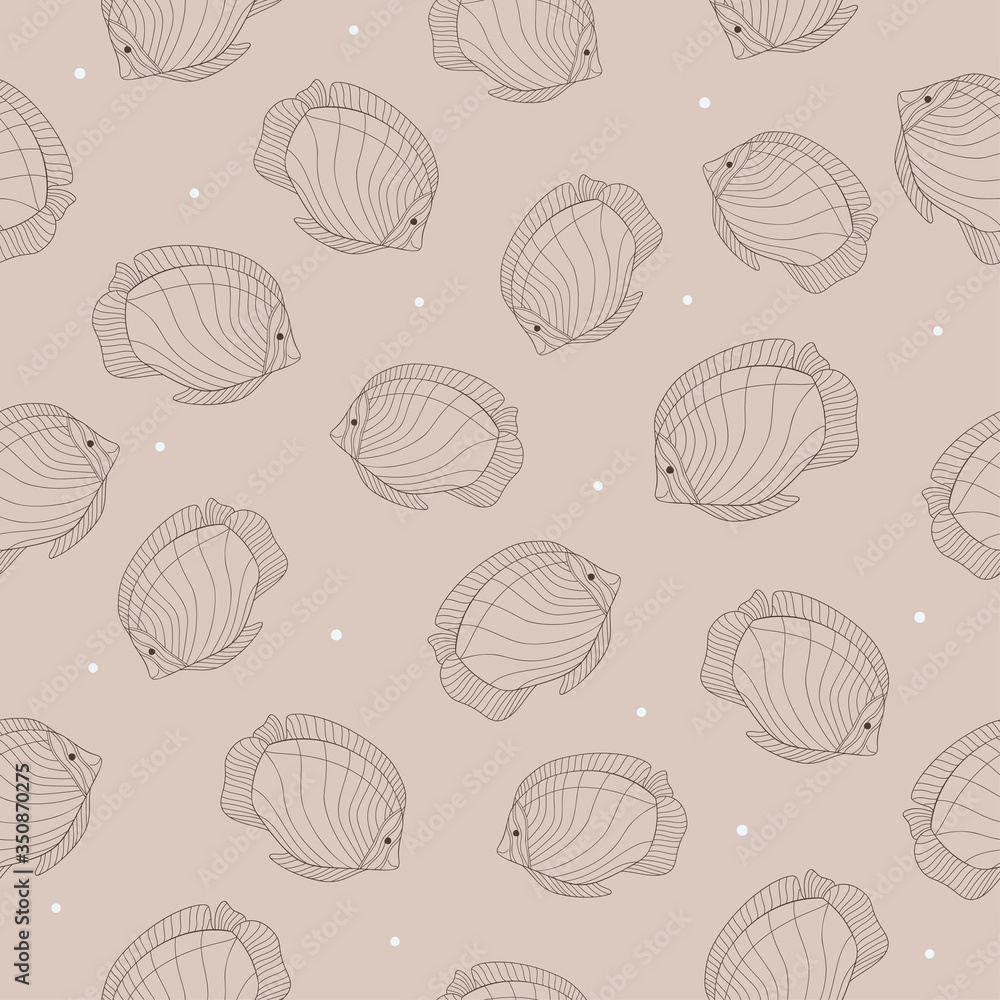 Hand drawn brown fishes with wavy stripes on beige background and white dots. Seamless sea fauna pattern. Hand drawn brown fishes with wavy stripes on beige background and white dots. Seamless sea fauna pattern.